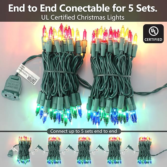 Multicolor Christmas Lights Plug in, 100 Count Multi Colored 21ft Christmas String Lights for Tree, Connectable Traditional Indoor String Lights with Green Wire Xmas Outdoor Decorations