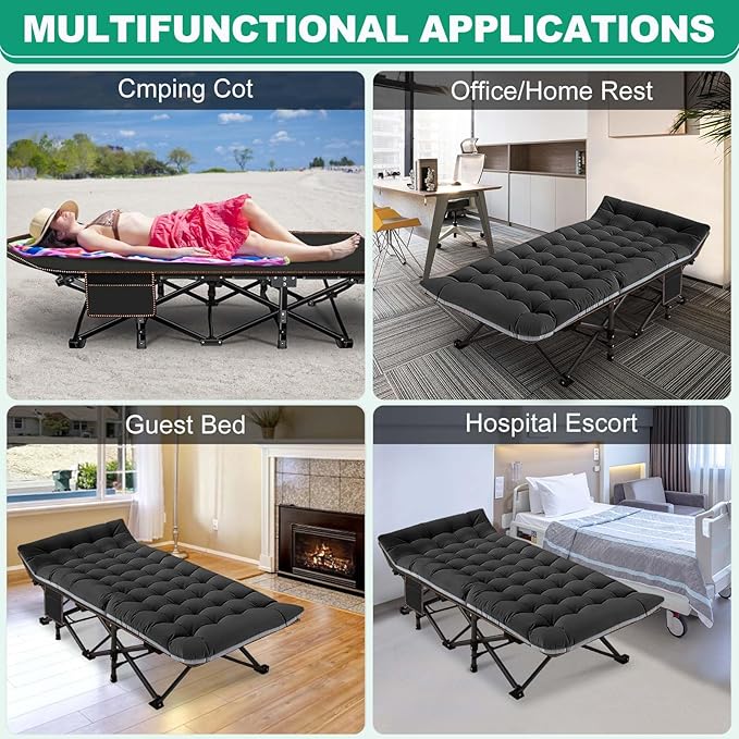 LILYPELLE Folding Camping Cot, Extra Wide Heavy Duty Sleeping Cots with Carry Bag, Double Layer Oxford Portable Travel Camp Cots for Home, Office Nap and Outdoor Beach