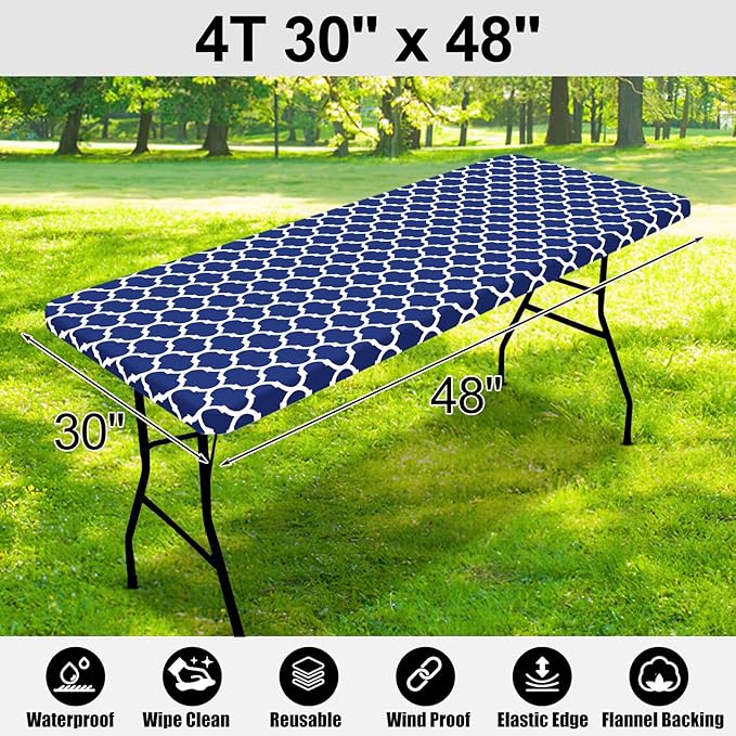 Smiry Rectangle Picnic Table Cover, Waterproof Elastic Fitted Camping Tablecloths for 4 Foot Tables, Wipeable Flannel Backed Vinyl Tablecloth Protector for Indoor, Outdoor (Navy, 30x48 Inches)