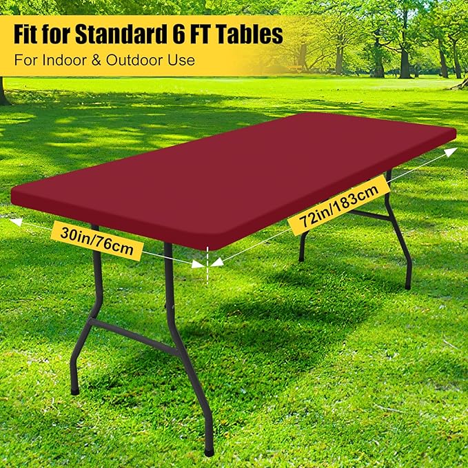 Smiry 2 Pack Rectangle Picnic Table Cloth, Waterproof Elastic Fitted Tablecloths, Washable Polyester Rectangular Patio Table Cover for Camping, Indoor and Outdoor (Wine Red, 30"x72")