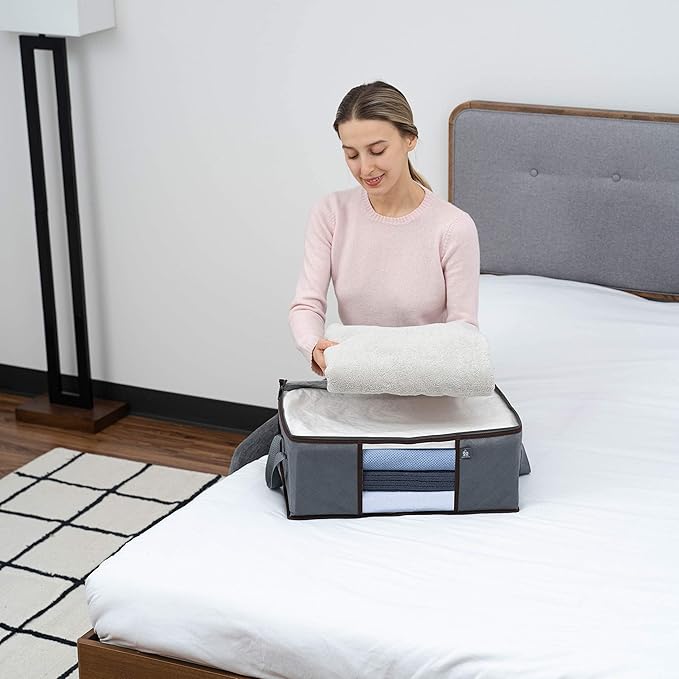 VENO 3 Pack Medium Clothes Storage Bag Organizer with Reinforced Handle Thick Fabric for Comforters, Blankets, Bedding, Foldable with Sturdy Zipper, Clear Window, Grey, Reusable (9.5 Gallon)