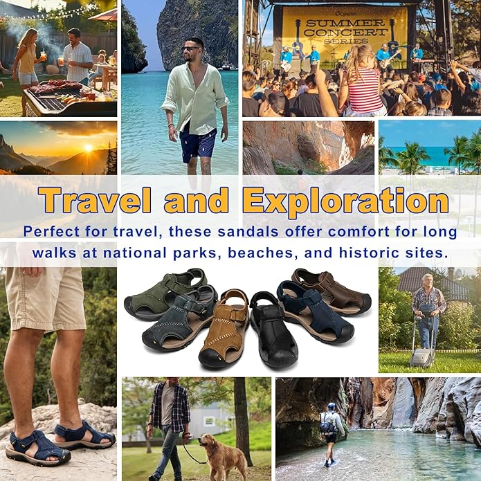 Men's Sport Sandals Closed Toe Leather Hiking Athletic Walking Outdoor Beach Trail River Fishing Water Shoes Lightweight Comfortable Waterproof