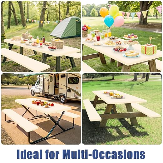 Picnic Table Cover with Bench Covers, Elastic Fitted Spandex Tablecloths for 6 Foot Rectangle Tables, Stretch Washable Patio Tablecloth for Outdoor, Camping (Beige, 30"x72")