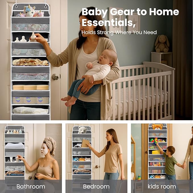 Over The Door Organizer with 8 Side Mesh Pockets, 44lb Weight Capacity Hanging Behind The Door Bathroom Organizers and Storage Suitable for Storing Toys, Shoes, Towels, Dark Grey, 5 Shelf