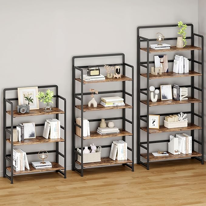 No Assembly Folding Bookshelf, 5 Tiers Collapsible Book Shelf for Home Office, Vintage Wood Foldable Bookcase Storage Organizer for Living Room Bedroom (Rustic Brown)