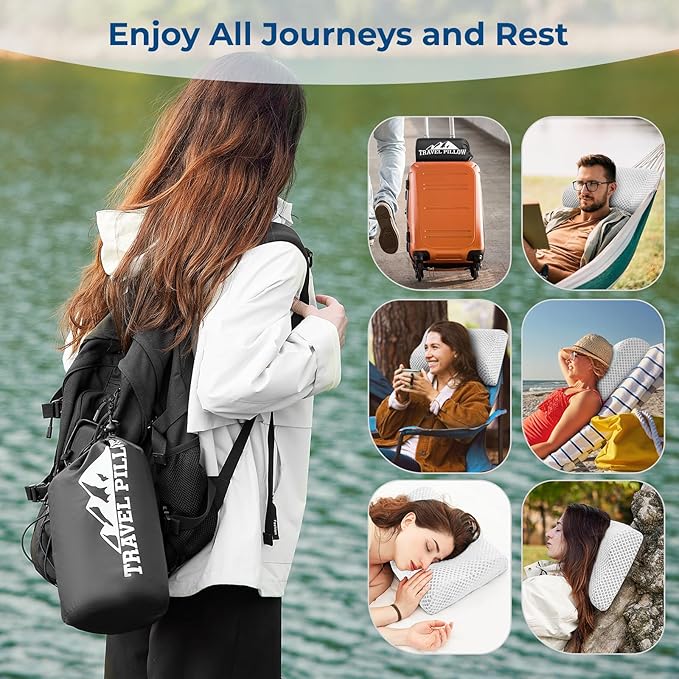 Travel Pillow Memory Foam Pillows, Ergonomic Wave Cervical Neck Pillow for Neck Pain Relief, Compressible Medium Firm Side Sleeper Pillow, Ideal for Camping, Office, Home & Bed (White, L)