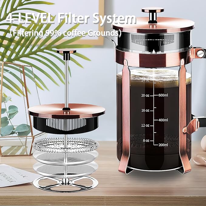 French Press Coffee Maker 304 Stainless Steel Coffee Press,with 4 Filters System, Heat Resistant Thickness Borosilicate French Press Glass, BPA-Free Brewed Tea Pot Coffee Plunger(Copper 12oz)