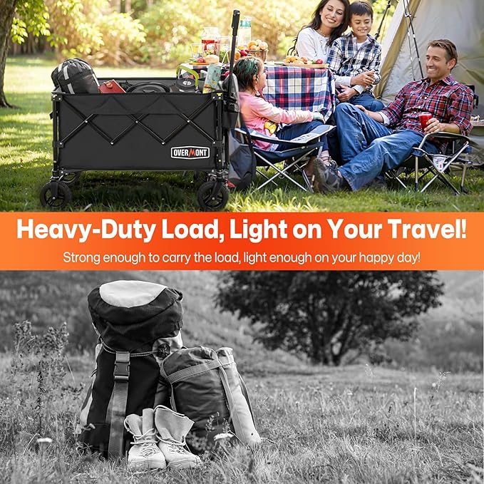 Overmont Ultra-Compact Collapsible Wagon Cart -200L Portable Folding Wagon with All-Terrain Wheels Utility for Beach, Grocery Shopping, Camping, and Gardening โ 330lbs Load Capacity Black