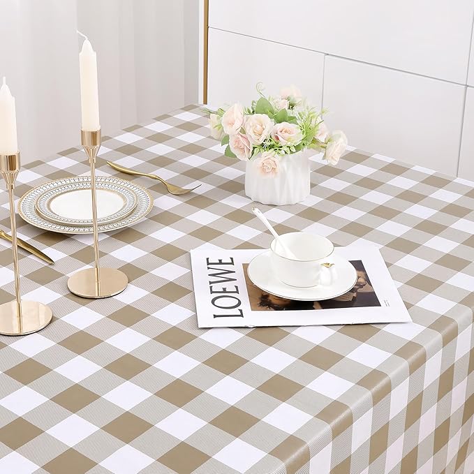 misaya Rectangle Waterproof Vinyl Table Cloth, Buffalo Flannel Backed Tablecloth, Wipeable Plastic Table Cover for Dinner, Cafe, Outdoor (60" x 102", Khaki and White)