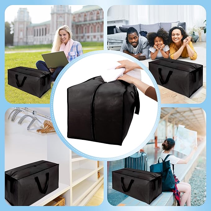 4 Pack Large Strong Moving Bags with Zippers & Carrying Handles - Water-Resistant - Heavy Duty Storage Tote for Space Saving Moving Storage, Fold Flat, Alternative to Moving Box (Black)