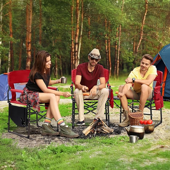 VINGLI Camping Chairs, Directors Chair, Camping Chair with Side Table & Carry Bag,Heavy Duty Camping Chairs for Adults, Portable Folding Camping Chair, Pocket for Beach, Fishing,Trip,Picnic,Lawn-Red