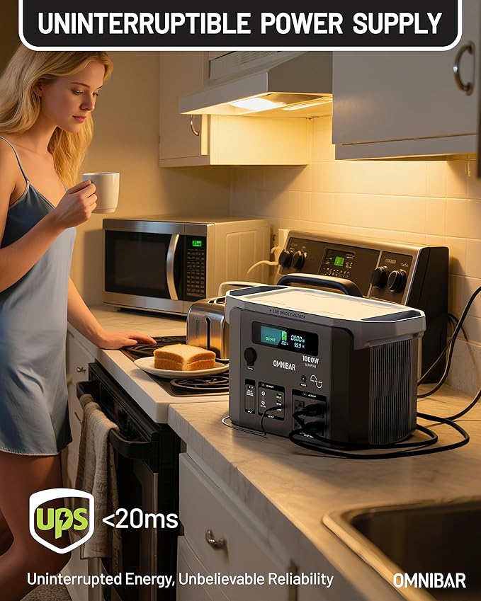 Portable Power Station 1000W (2000W Peak),1075Wh LiFePO4 Battery, 1000W AC/100W USB-C Output, 1.5 Hrs Fast Charge, Solar Generator for Outdoor Camping, Emergency Backup, RVs, Off-Grid Living