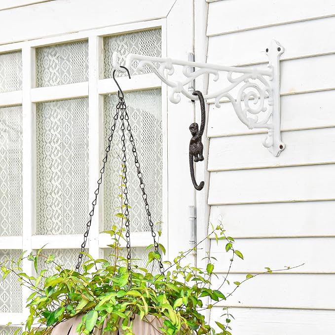 Sungmor Cast Iron Hanging Plant Bracket, 16.5" Large Outdoor Wall Plant Hangers, 2pcs White Heavy Duty Hanging Basket Hooks, Decorative Hooks for Flower Pot, Lantern, Wind Chime, Hummingbird Feeder