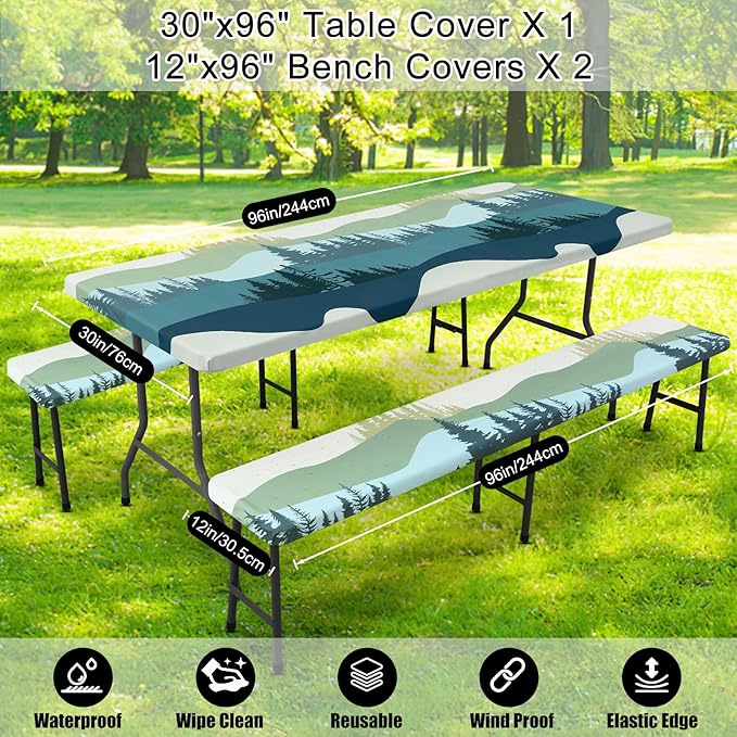 Smiry Picnic Table Cover with Bench Covers, Waterproof Elastic Fitted Tablecloth for 8 Foot Tables, Washable Polyester Tablecloths for Camping, Indoor & Outdoor (Green Blue, 30x96 Inch 3-pc Set)