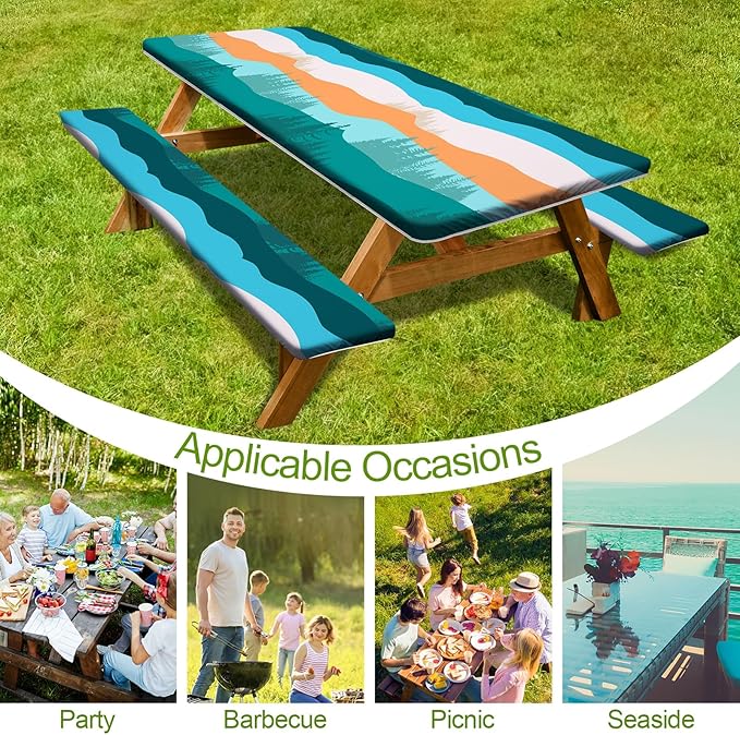 Picnic Table Cover with Bench Covers Camping Essentials Waterproof Windproof Camping Tablecloth with Drawstring Bag, Fitted Rectangle Tables and Seats, 96in, Orange Blue