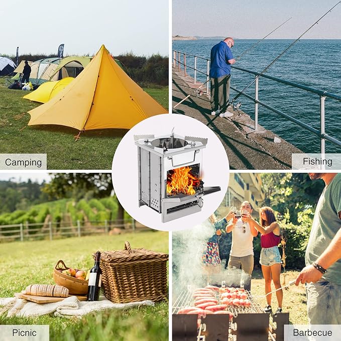 Portable Camping Wood Stove for Cooking, Folding Lightweight Stainless Steel Wood Stove with Grid and Pot Stand for Outdoor Camping Hiking Backpacking BBQ Picnic, Small