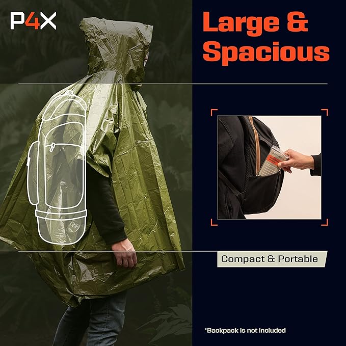 PREPARED4X Emergency Poncho and Mylar Blanket Liner - Waterproof, Wind-Resistant Outdoor Rain Poncho for Camping, Emergencies