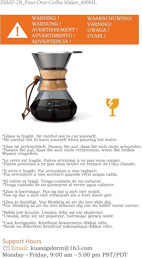 Pour Over Coffee Maker with Stainless Steel Filter, 20 oz Borosilicate Glass Coffee Carafe, Wooden Collar, Coffee Maker Carafe, Hold 3-4 Cups, 600 ml, Gray