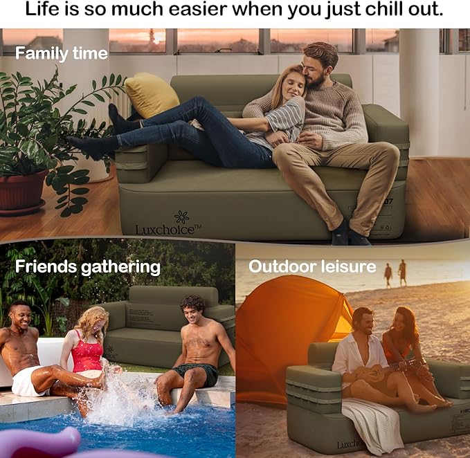 Inflatable Couch Multifunctional Durable Inflatable Sofa with Built in Pump Inflatable Furniture Portable Blow Up Couch for Camping Backyard Outdoor Glamping Inflatable Chair Movie Loveseat