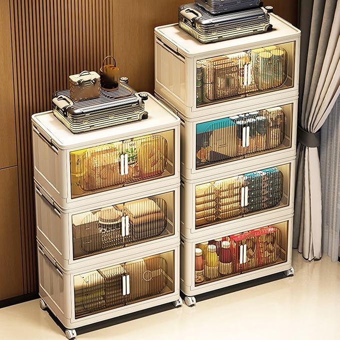 Holaki 117 QT Storage Bins with Lid, 3 Tier Collapsible Closet Organizers and Stackable Plastic Storage Bins Cabinet with Wheels and Magnetic Door (White)