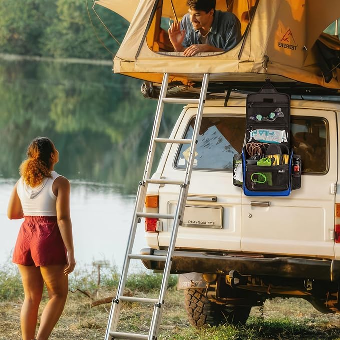 Large Hanging Toiletry Organizer - Travel Toiletry Bag for Men and Women - Waterproof Hygiene Bag with Metal XXL Swivel Hook, Sturdy Zippers and 19 Compartments for Toiletries, Makeup (Light Blue)