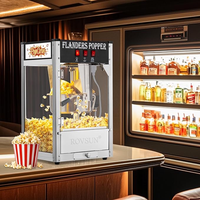 ROVSUN Popcorn Machine with 8 Ounce Kettle Makes Up to 32 Cups, Commercial Popcorn Machine Countertop Popcorn Maker w/Stainless Steel Scoop, Oil Spoon & 3 Popcorn Cups for Home Movie Theater, ETL