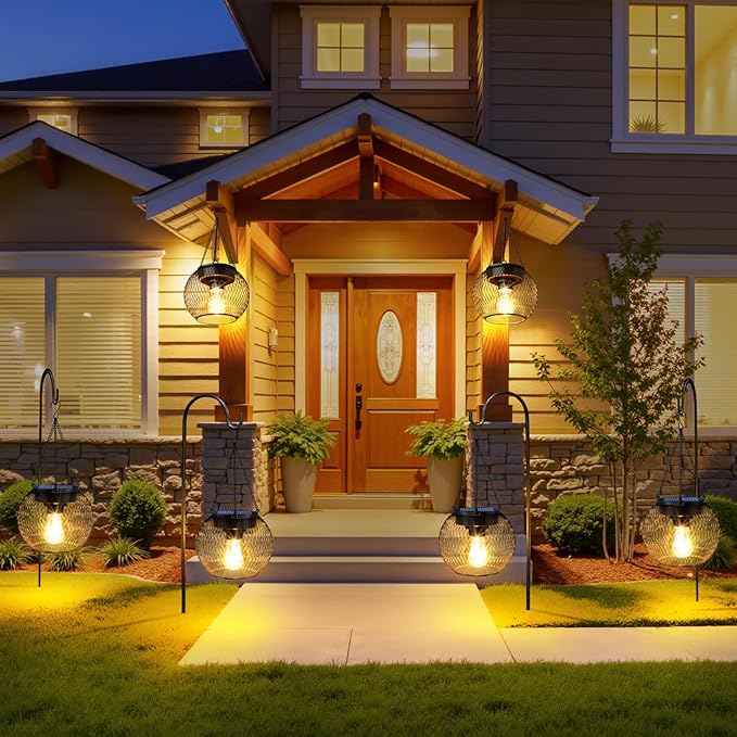 Solar Lanterns Outdoor Waterproof 2 Pack, 13.45" Metal Solar Hanging Lights with Hooks & Auto On/Off, Brighter Warm Outdoor Hanging Lantern Lighting for Porch Garden Yard Pathway Decor