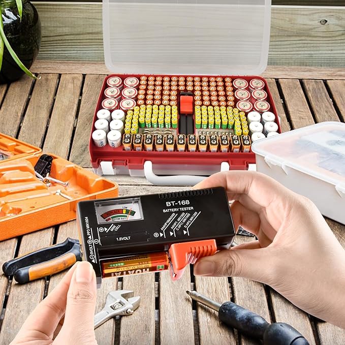 Battery Organizer Storage Holder Case with Double-Sided, Garage Box with Tester Checker. Batteries Container for 269pcs AA AAA AAAA 3A 4A 9V C D Lithium 4LR44 CR2 CR123A CR1632 CR2032 18650 -Red