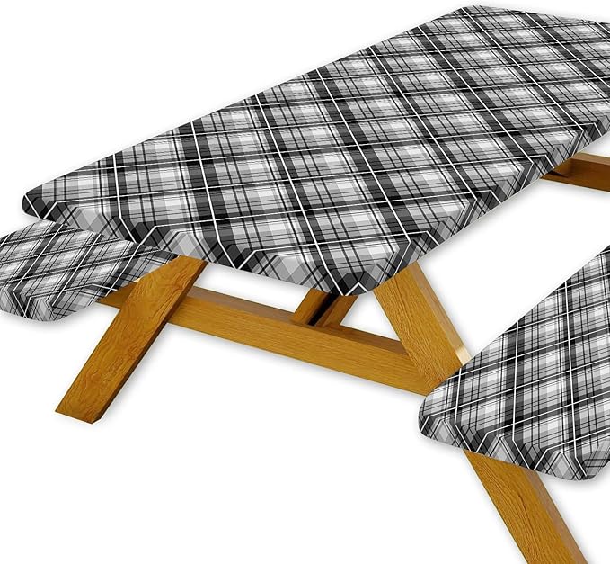 DYNH 3 Pcs Picnic Table Cover with Bench Covers, 6ft Waterproof Reusable Elastic Fitted Rectangle Picnic Table Cloths,30x72IN Black Plaid Picnic Tablecloth for Camping Patio Travel Outdoor