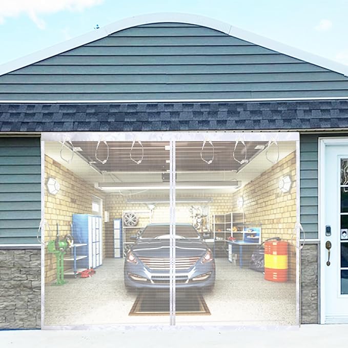 Retractable Garage Patio Screen Door 10x7 FT White - Magnetic Fiberglass Mesh Screen for 10x7ft Garage Balcony Gym Playroom Porch, Blocks Bugs & Enhances Privacy - Easy to Install & Retract