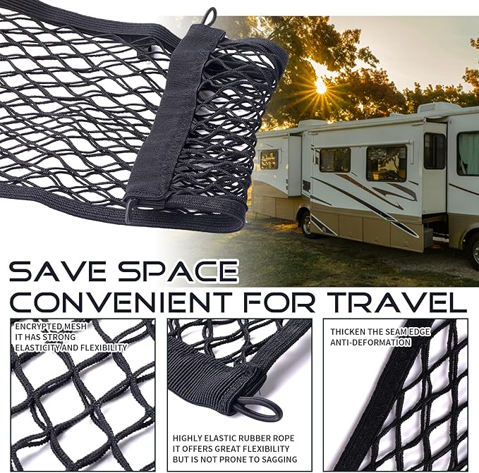 JINGKE 2 Pcs Small Cargo Net Pocket Elastic Mesh Netting Car Mesh Pouch with Screws and Hooks for Trunk RV Boats Home Cargo Storage (21.7'' x 9.8'')