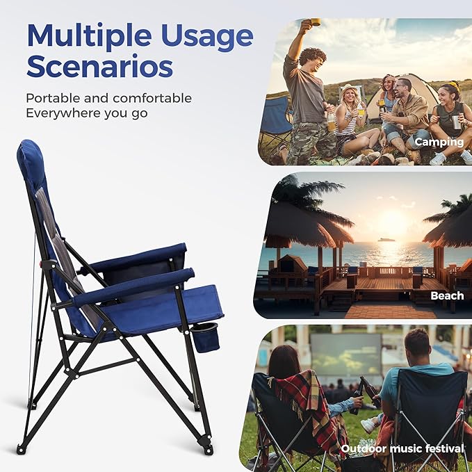 ALPHA CAMP Heavy Duty High Back Camping Chairs with Cup Holder Oversized Folding Chair Outdoor Chair with Headrest,Lawn with Side Pocket for Lawn, Sports and Fishing, 500lbs