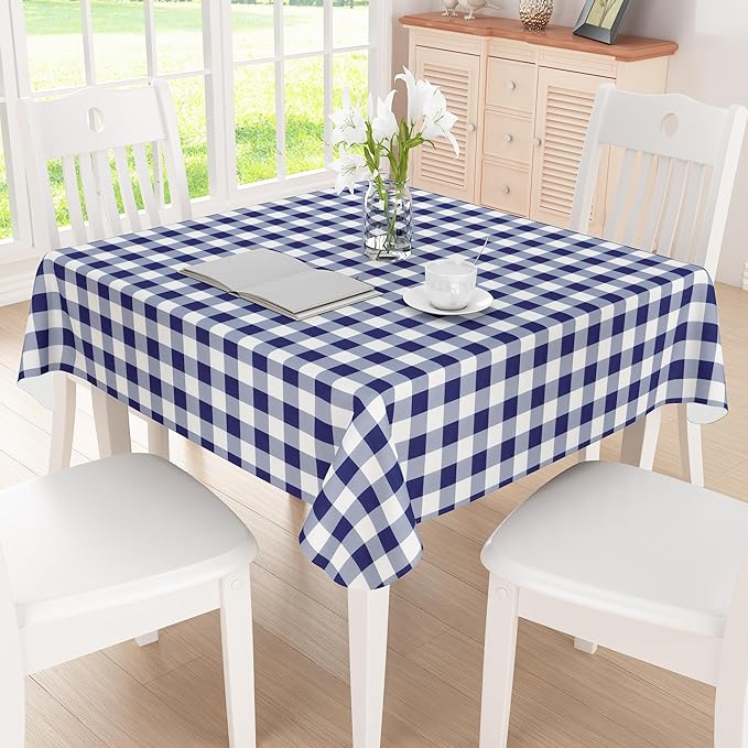 misaya Square Waterproof Vinyl Table Cloth, Buffalo Flannel Backed Tablecloth, Wipeable Plastic Table Cover for Dinner, Kitchen, Outdoor (54" x 54", White and Navy)