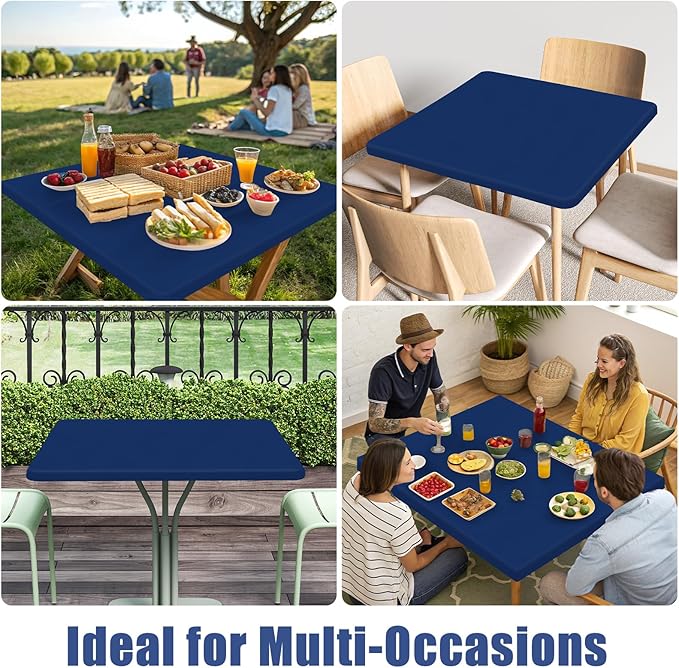 Spandex Picnic Table Cloth 2 Pack, Elastic Fitted Tablecloths for Square Tables, Stretch Washable Patio Table Cover for Outdoor, Camping, Banquet and Parties (Navy, 34"x34")