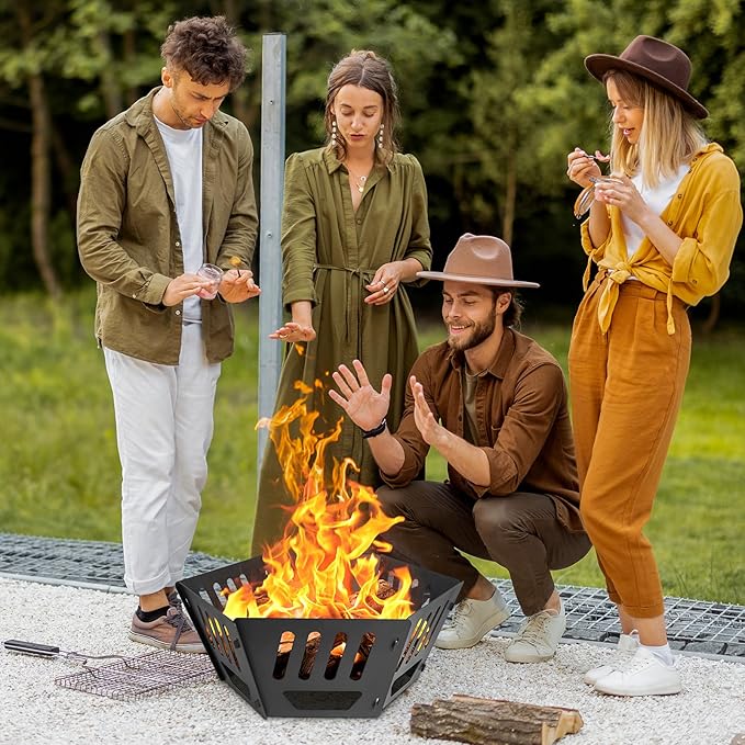 24-inch Fire Pit, Outdoor Portable Wood-Burning Fire Pit Log Stove Fireplace for Camping, Backyard, Garden Picnic Patio and Beach. Comes with A Carry Bag
