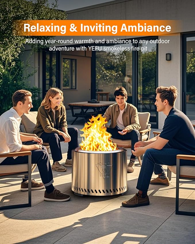 YEFU Fire Pit with Removable Ash-Pan: Smokeless Firepit 304 Stainless Steel Material - Outdoor Fire Pit Silver 15 inch - Smokeless Firepit for Outside Outdoor Patio Camping Backyard