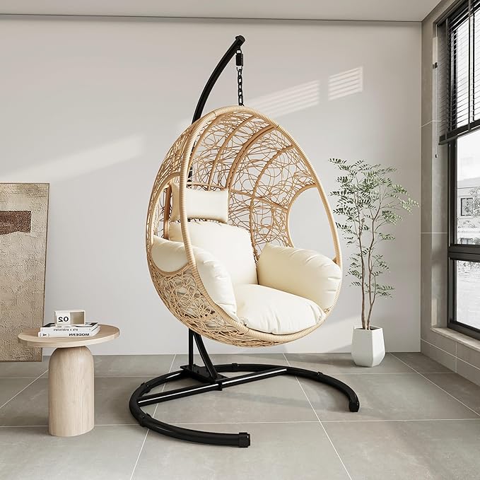 Hanging Egg Chair with Stand - Egg Swing Chair Outdoor Indoor Patio Wicker Chair Swing Hammock Egg Chairs 400lbs Capacity for Outside Patio, Bedroom, Garden and Balcony(Beige-Nest, 1PC)