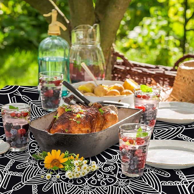 Picnic Table Cover with Bench Covers Vinyl Elastic Edges Fitted Rectangle Tables Seat Waterproof 3-Piece 96X30in Set Outdoor Rectangular Folding Backing Tablecloth Camping Over Size BlackMandala