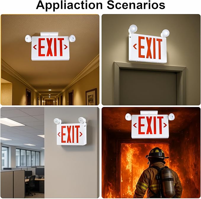 Gruenlich Exit Signs with Emergency Lights, 2 Adjustable LED Head with Battery Backup, 94V-0 Fire Resistant, AC 120/277V, Hardwired Commercial Emergency Light Combo for Business, 2 Pack