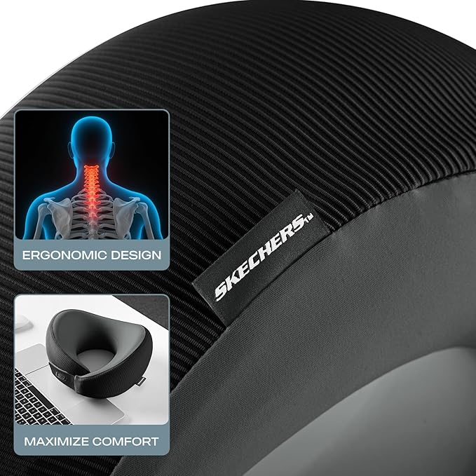 Skechers Memory Foam Neck Pillow, Comfortable & Breathable Travel Pillow,Neck Pillow Airplane for Travel, Car Rides, Home, and Office Use, Ergonomic Design for Men and Women,Black