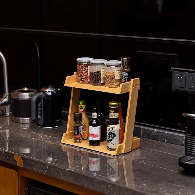 GOBAM Spice Rack Organizer 2-Tier Kitchen Countertop Cabinet Storage Shelf, Assemble Quickly, Bamboo