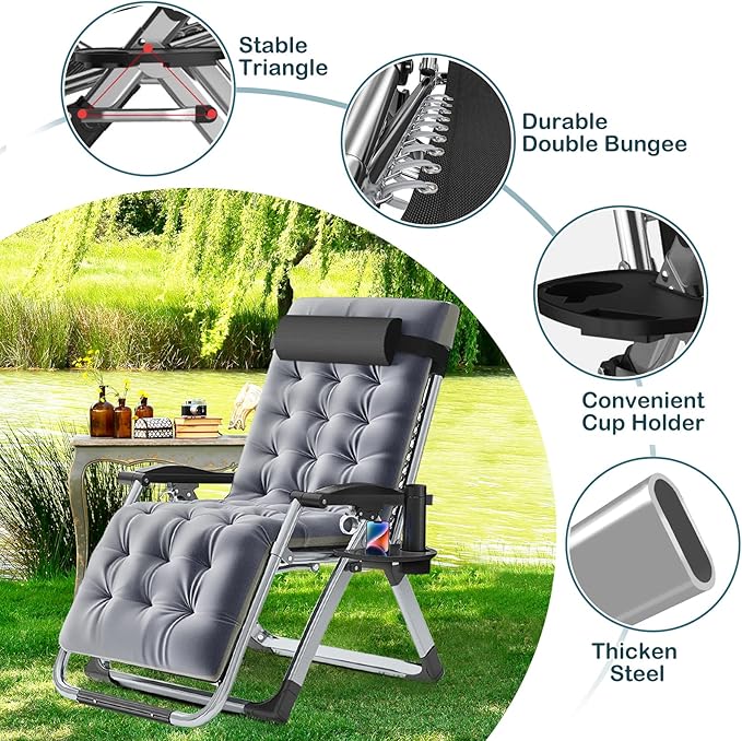 NAIZEA Padded Zero Gravity Chair, Folding Outdoor Lounge Chairs, Adjustable Reclining Camping Chairs with Cup Holder, Ergonomic Patio Lawn Chair for Balcony Beach Deck Yard