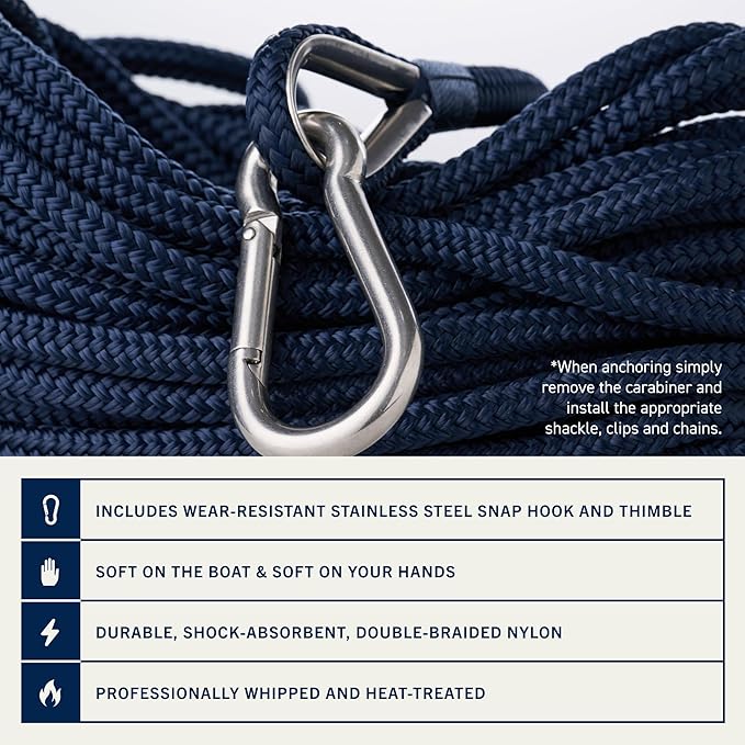 RainierSupplyCo Boat Anchor Rope - Double Braided Marine Rope Anchor Line - 50 ft x 1/4 Inch Nylon Boating Line with 316 Stainless Steel Thimble and Heavy Duty Marine Grade Snap Hook - Navy Blue