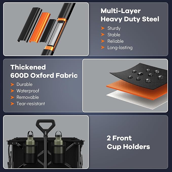 38"L Collapsible Wagon Cart Foldable, 460LB Weight Capacity 220L Heavy Duty Folding Beach Wagons with Big All-Terrain Wheels, Utility Carts for Groceries, Shopping, Camping, Sports - Black