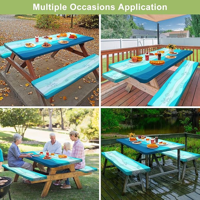 Picnic Table Cover with Bench Covers Camping Essentials Waterproof Windproof Camping Tablecloth with Drawstring Bag, Fitted Rectangle Tables and Seats, 72in, Sky Blue