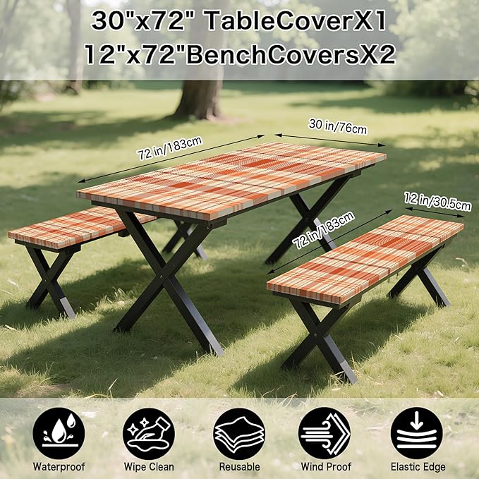 Orange Picnic Table Cover with Bench Covers, 3 Pcs Waterproof Elastic Picnic Table Cover Fall Outdoor Camping Essentials, Windproof Fitted Tablecloth for Indoor Outdoor (Plaid, 60X30 Inch)