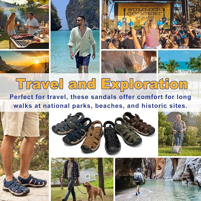 Men's Sport Sandals Closed Toe Leather Hiking Athletic Walking Outdoor Beach Trail River Fishing Water Shoes Lightweight Comfortable Waterproof