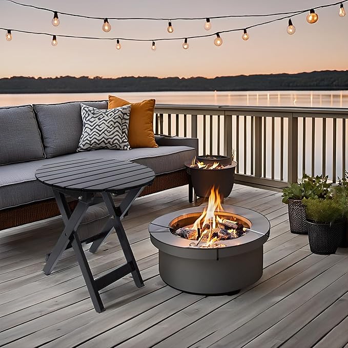 Outdoor Patio Side Table Set of 2 Small Folding Wood Round End Table Coffee Furniture for Living Room, Bedroom, Plant Stand, Camping Portable Black