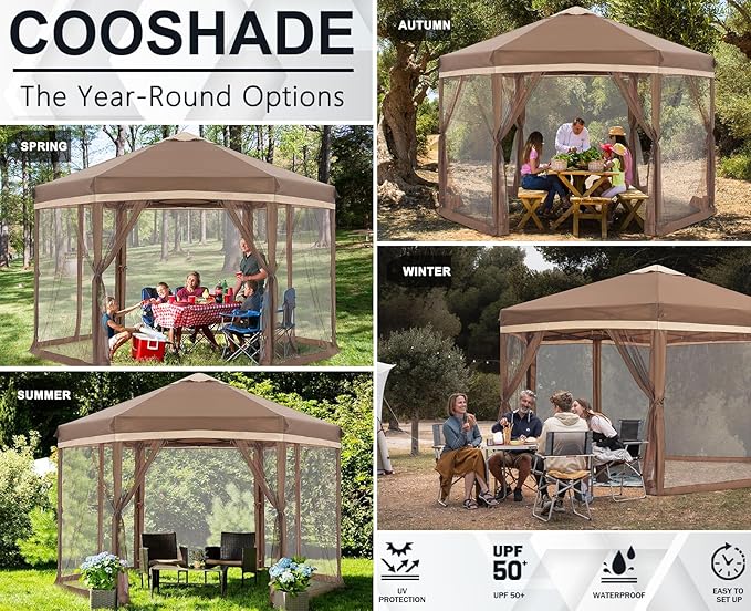 COOSHADE Pop up Canopy, 10X12 Pop up Tent with Mesh Walls, 6 Sides Gazebo, Patented 1 Step Lock Tech, Screened House for Outdoor/Camping/Lawn/Trip/Gathering, Khaki and Brown