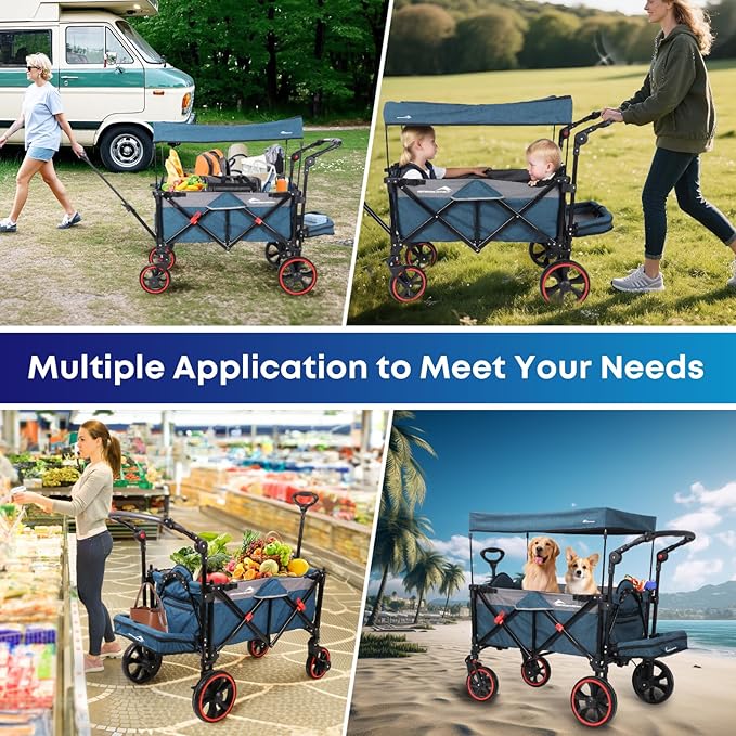 Collapsible Canopy Wagon, Foldable Wagon Stroller with 330LBS, Heavy Duty Cart with Shock-Absorbing Wheels, Adjustable Push Pulling Handles for Camping, Garden, Sports, Shopping, Blue